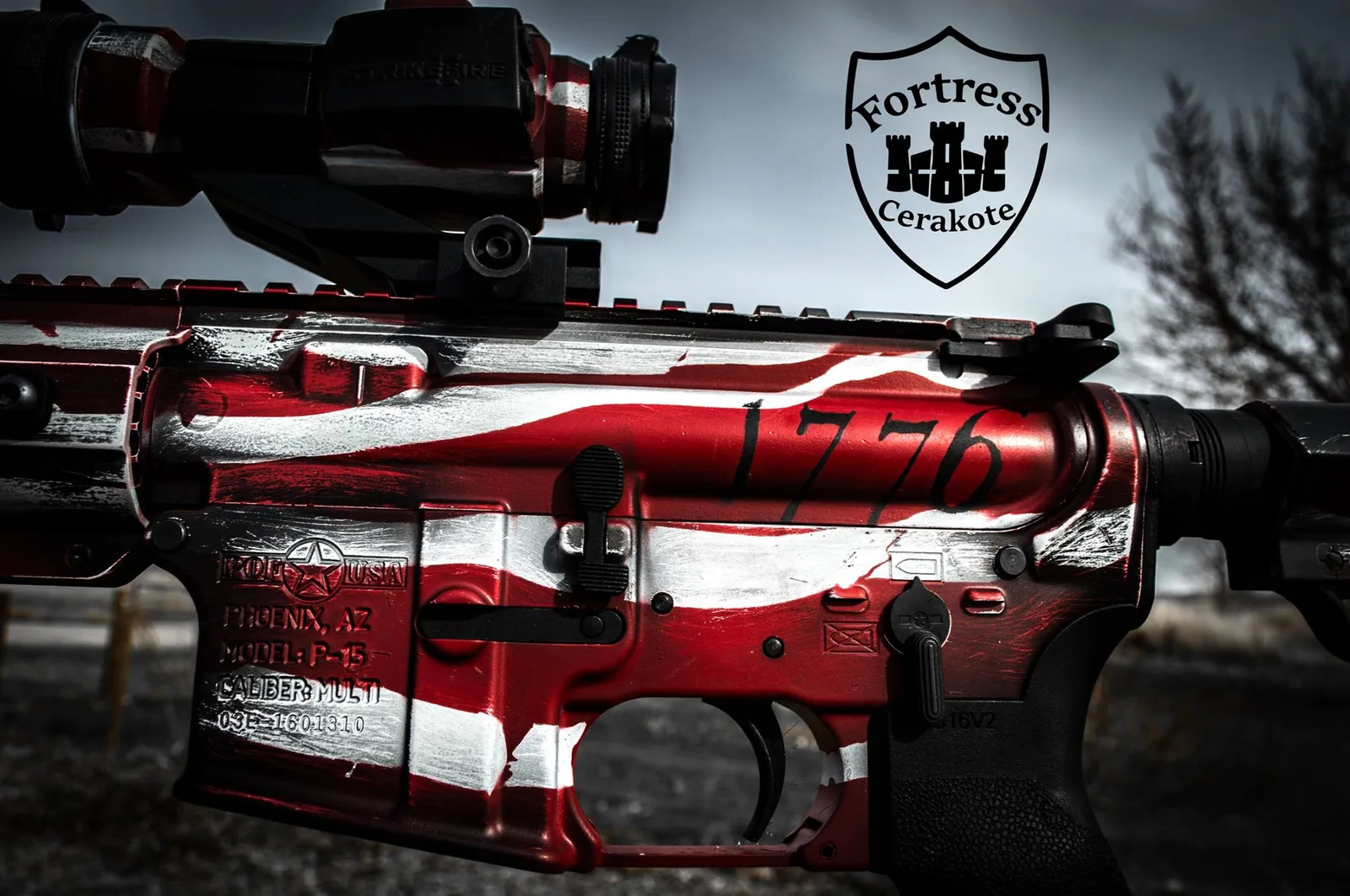 Close-up of an AR-15 receiver with a distressed red, white and blue 1776 flag Cerakote finish.