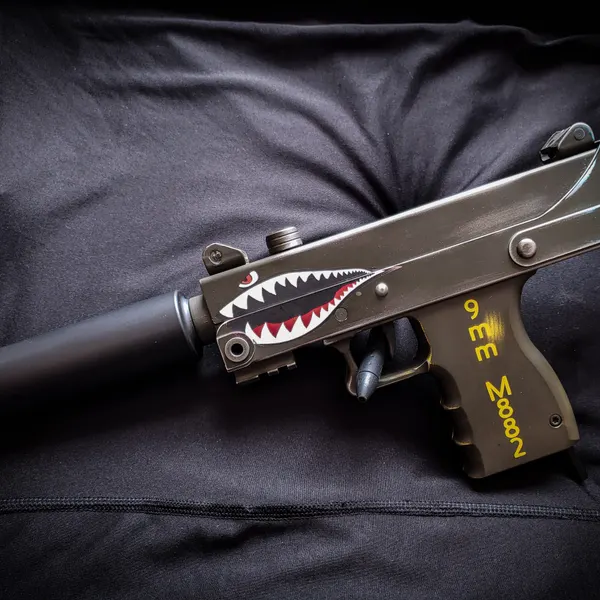 MAC-style 9mm pistol with a suppressor in olive drab Cerakote with a red and white shark-mouth graphic.