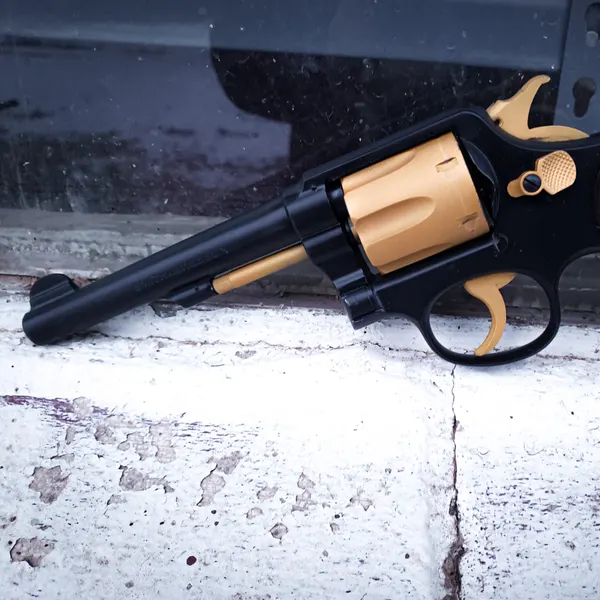 Revolver with a black frame and gold-toned cylinder and controls in a two-tone Cerakote finish.